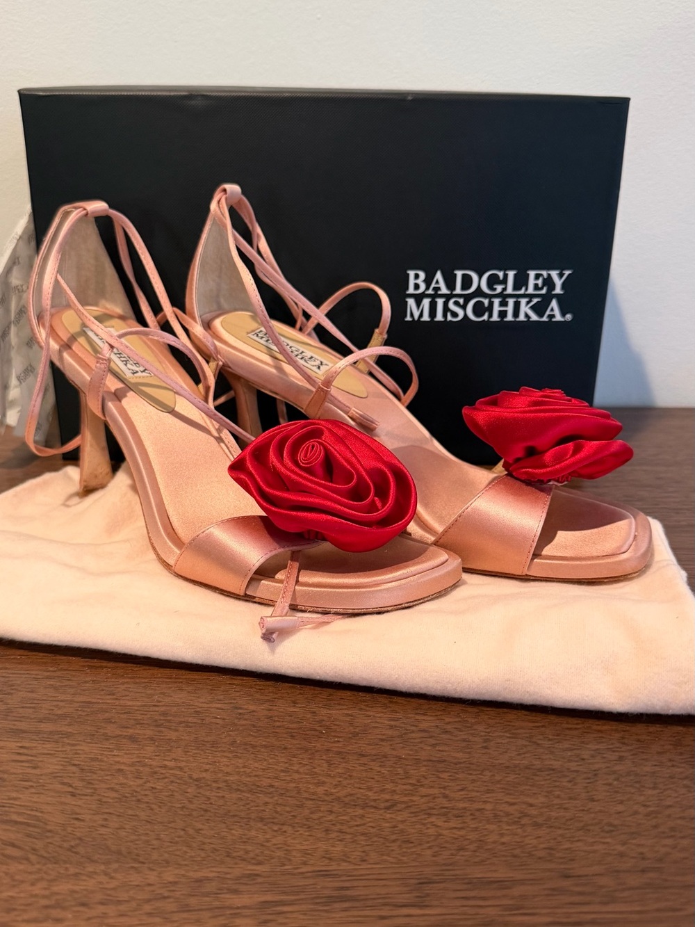 Badgley Mischka Pink Satin Heels with Red Rose Appliqués
